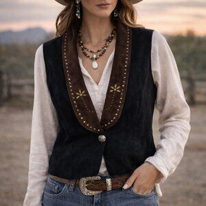 Green Field USA Vintage Faux Velvet Vest XL Brown Western Rodeo Boho Retro